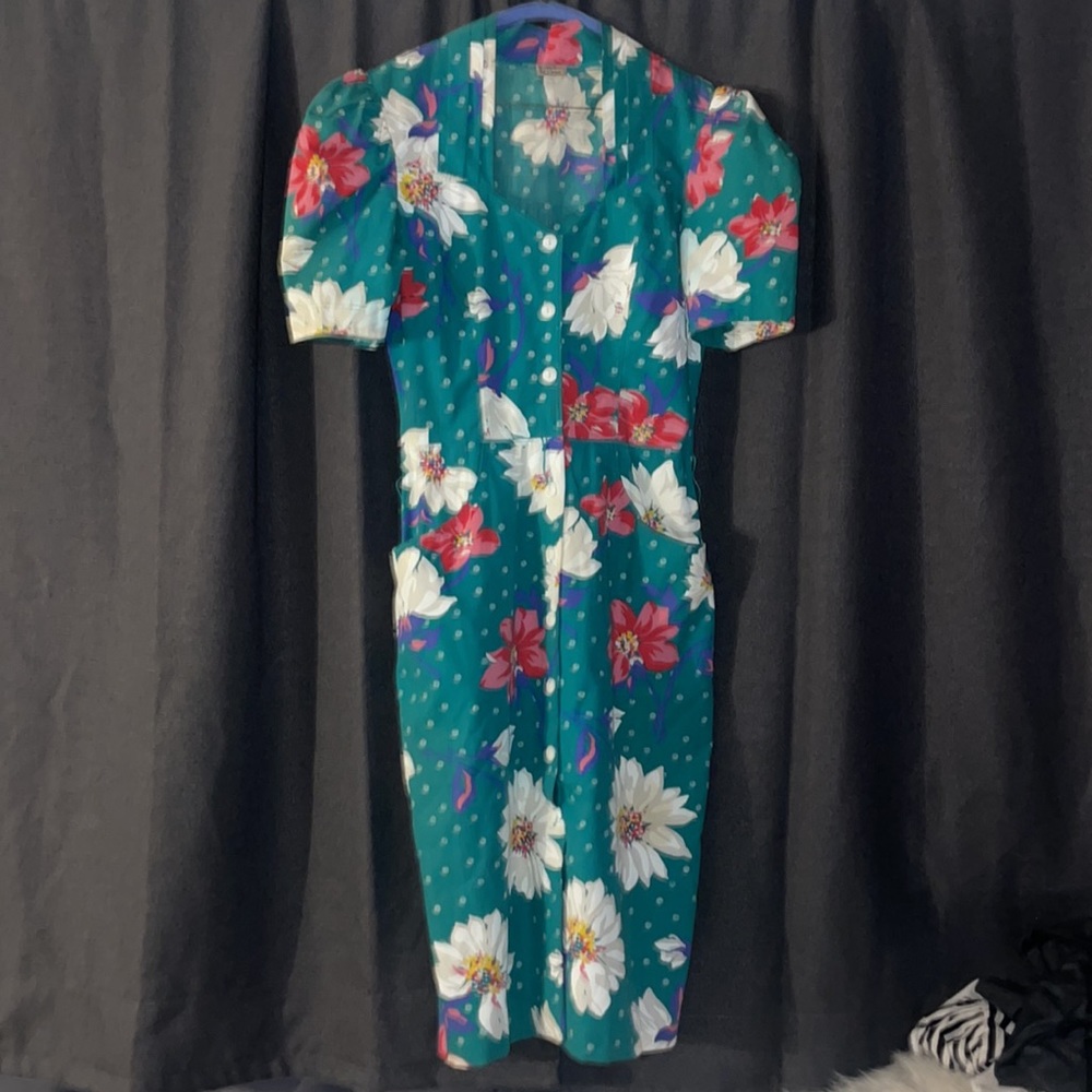 Vintage floral turquoise color button down dress